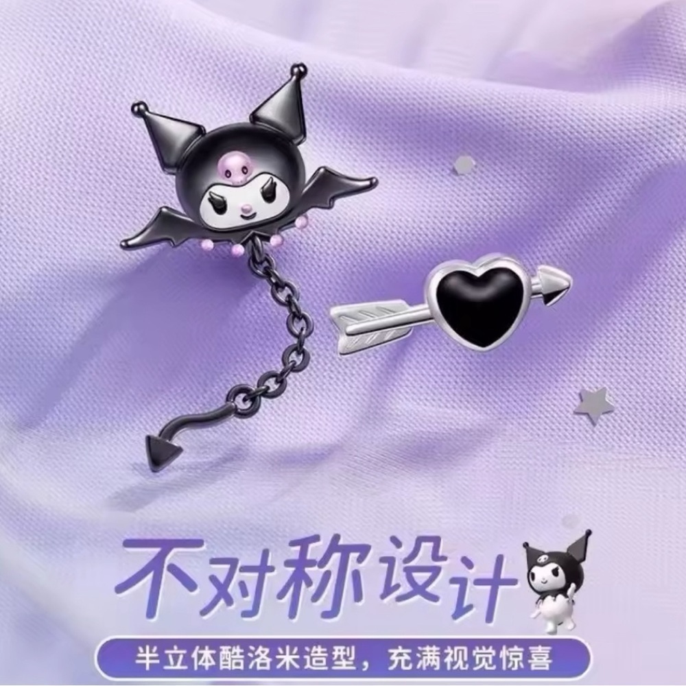 925 Sterling Silver Plated Kuromi Bat Wings Arrow & Heart Mismatch Stud Earrings